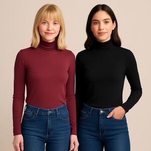 Olive & Oak 2 Turtleneck Tops Black Plum‎ Combo XS